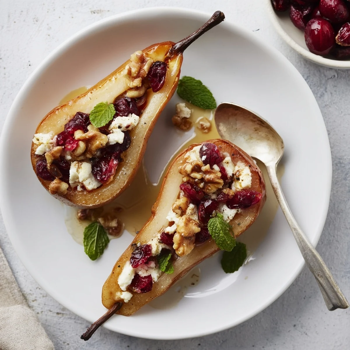 Warm Baked Pears With Feta Honey Cranberries served with creamy Greek yogurt