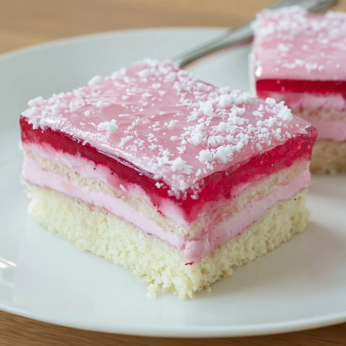 Old Fashioned Pink Jelly Cakes: coconut-coated sponge squares with glossy raspberry jelly