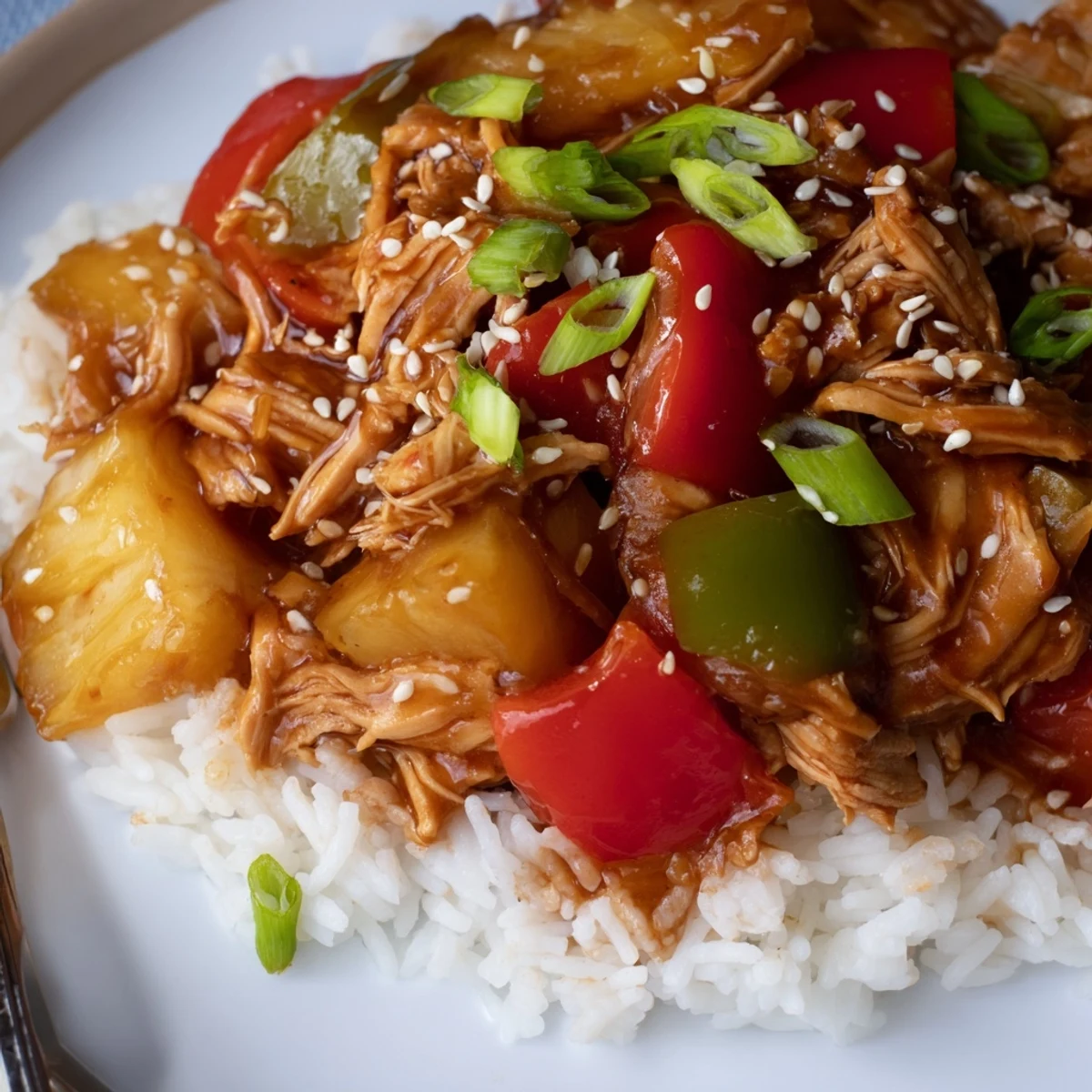 Sweet Hawaiian Crockpot Chicken bubbling with glossy pineapple sauce over steamed jasmine rice.