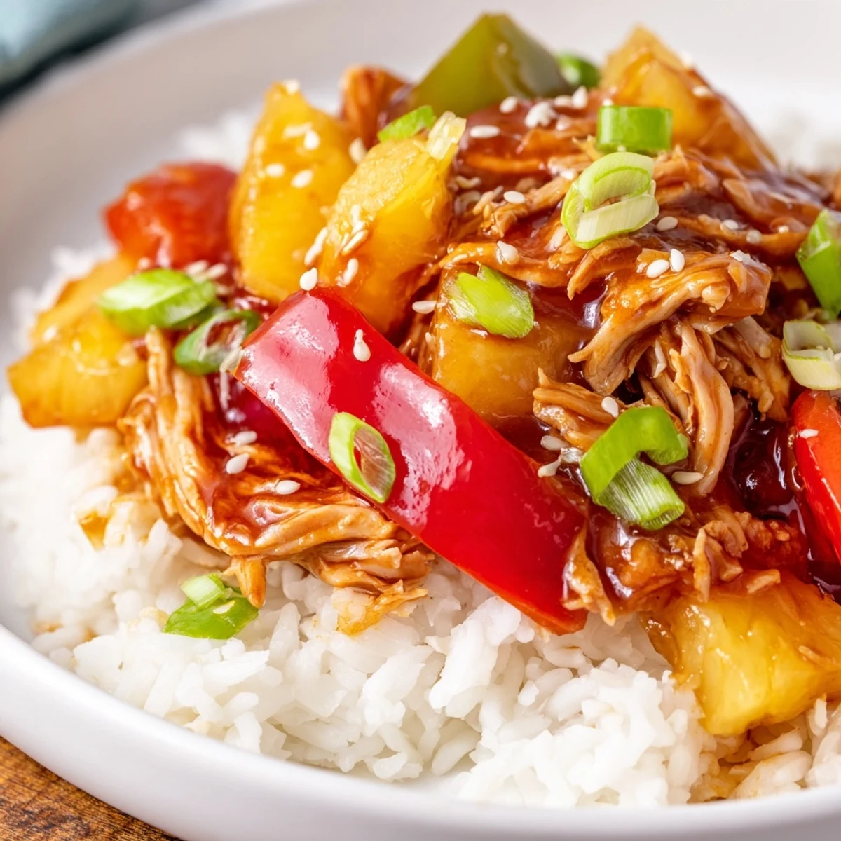 Slow-simmered Sweet Hawaiian Crockpot Chicken tender with bell peppers and caramelized onions.