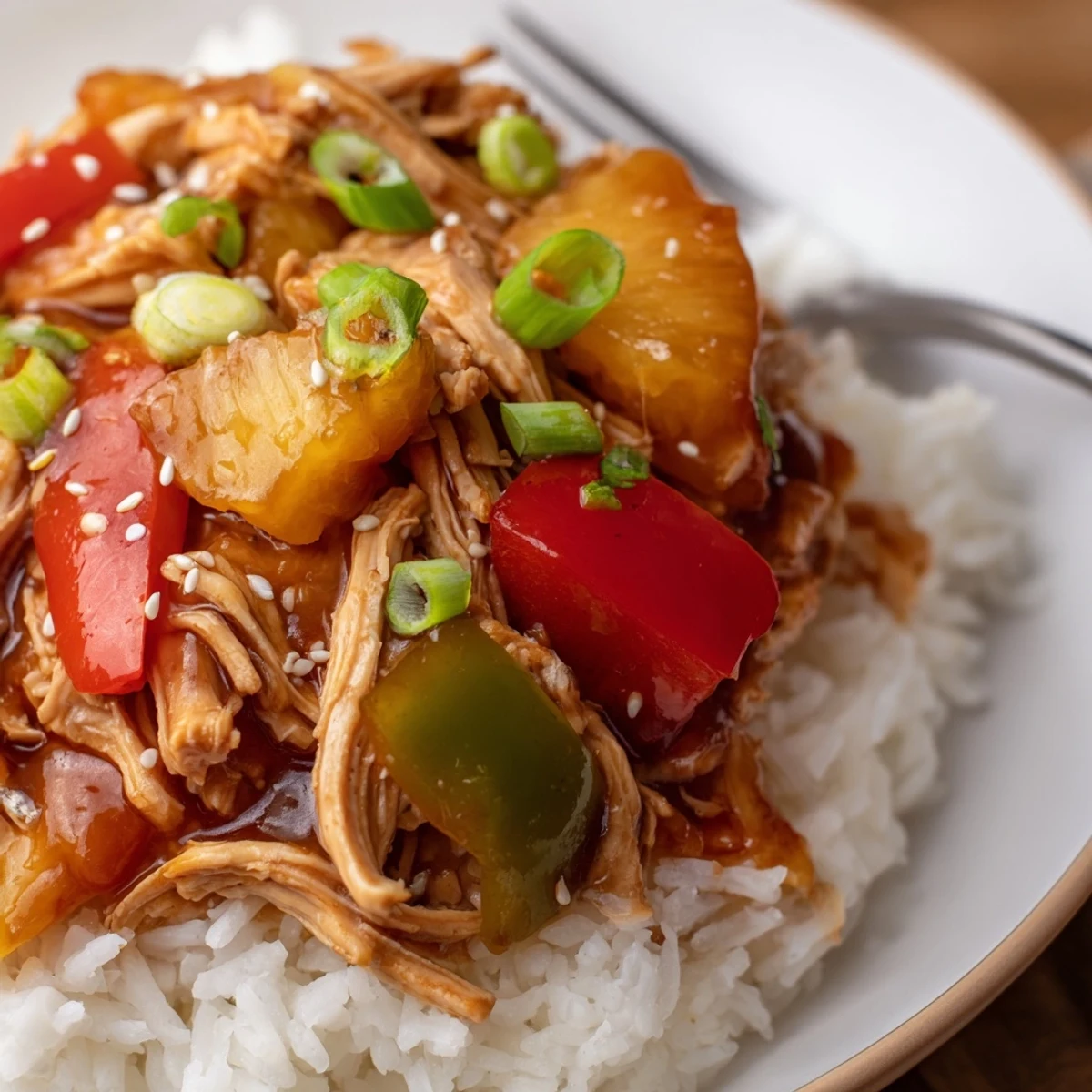 Family-style Sweet Hawaiian Crockpot Chicken served hot, garnished with green onions and sesame.