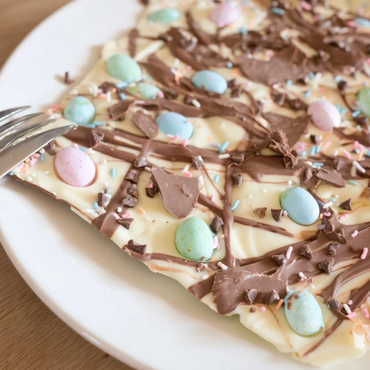 Broken into pieces, Robin Egg Easter Bark shows marbled chocolate and candy crunch.