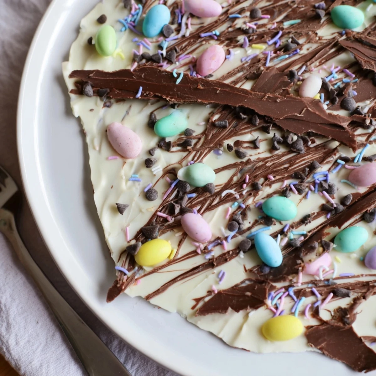 Glossy white chocolate slab topped with pastel sprinkles and Robin Egg Easter Bark.