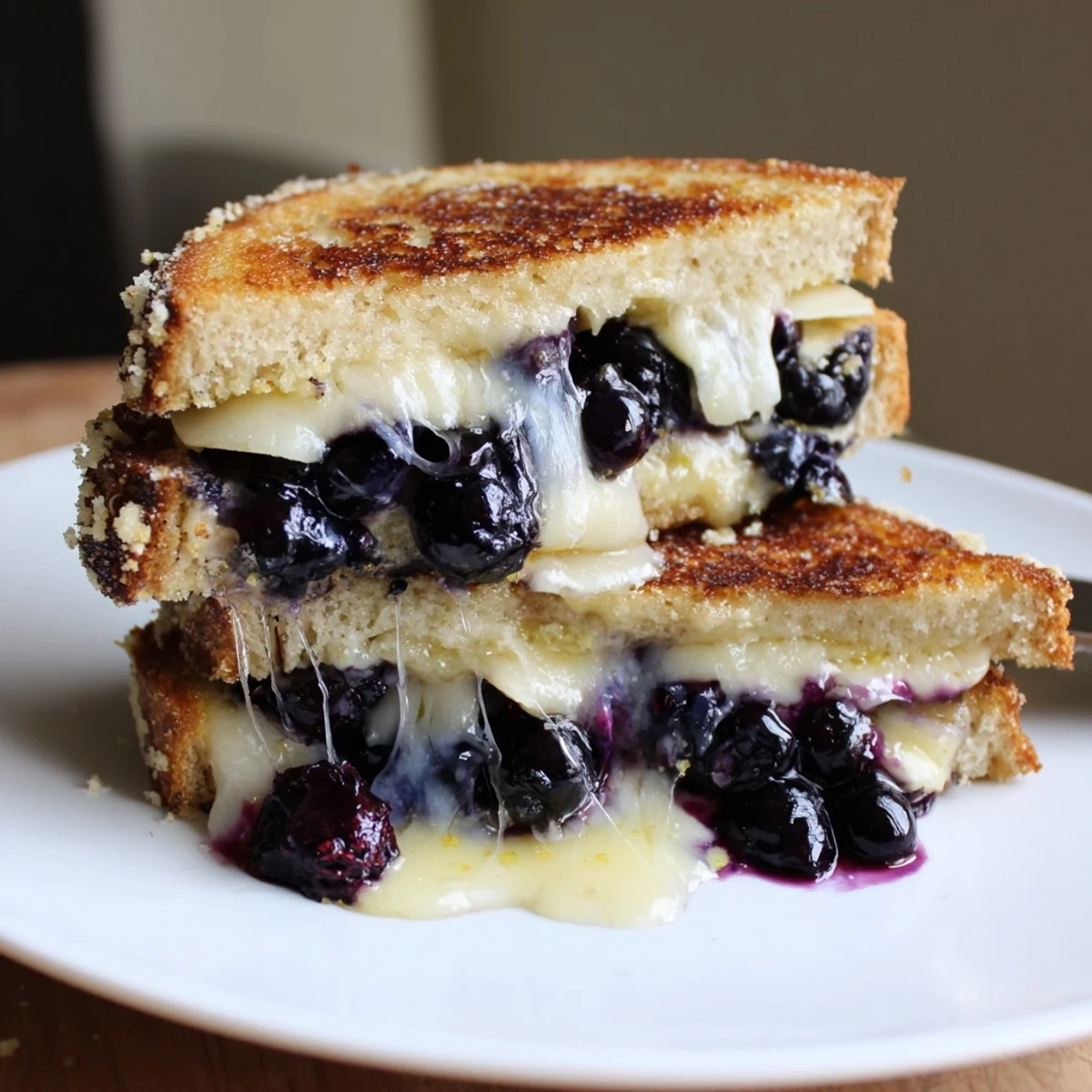 Warm Crispy Blueberry Grilled Cheese sliced on a plate, blueberries bursting