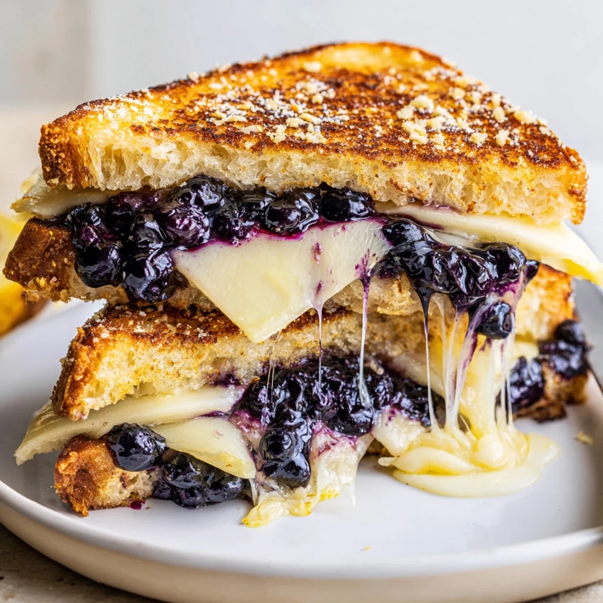 Pan-fried Crispy Blueberry Grilled Cheese oozing sharp cheddar, lemon zest sweetness