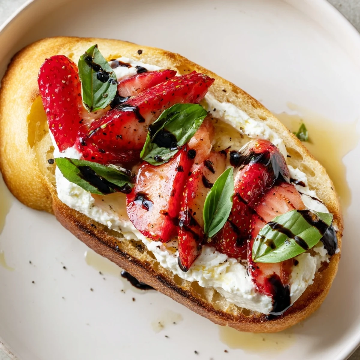 Strawberry Ricotta Bruschetta close up showing juicy strawberries, creamy ricotta, pepper.