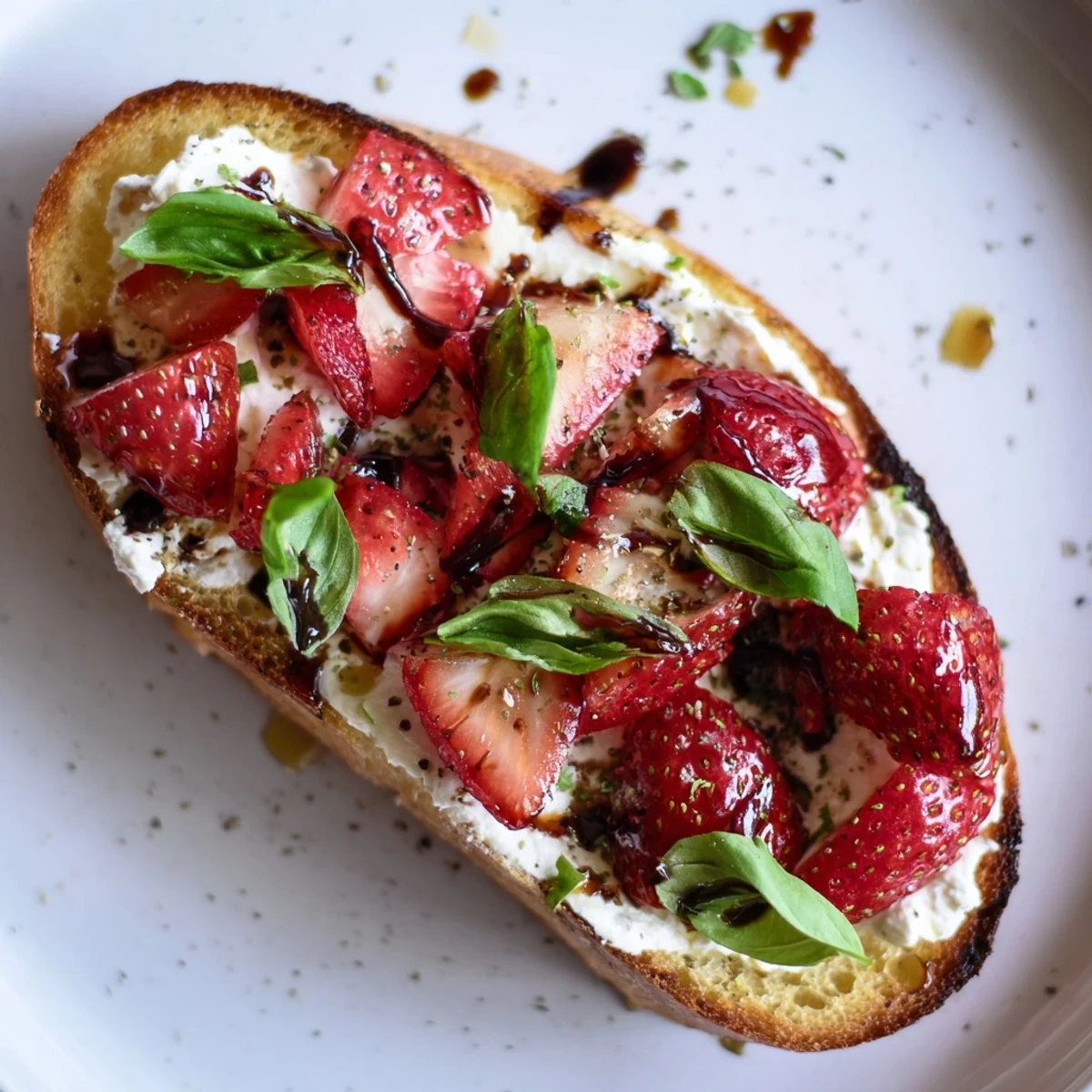Strawberry Ricotta Bruschetta on toasted baguette with basil and balsamic glaze.