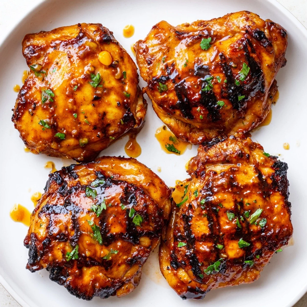 Grilled Honey Buffalo Chicken Thighs glistening with sticky glaze, served with ranch.  