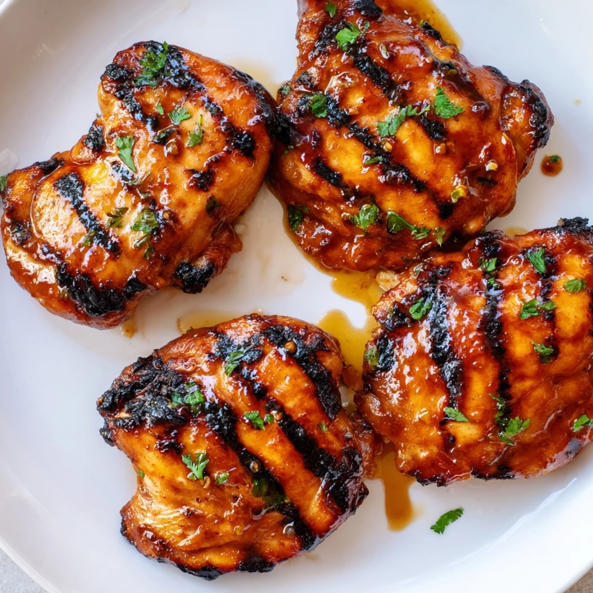 Smoky Grilled Honey Buffalo Chicken Thighs basting on the hot grill, charred edges.  
