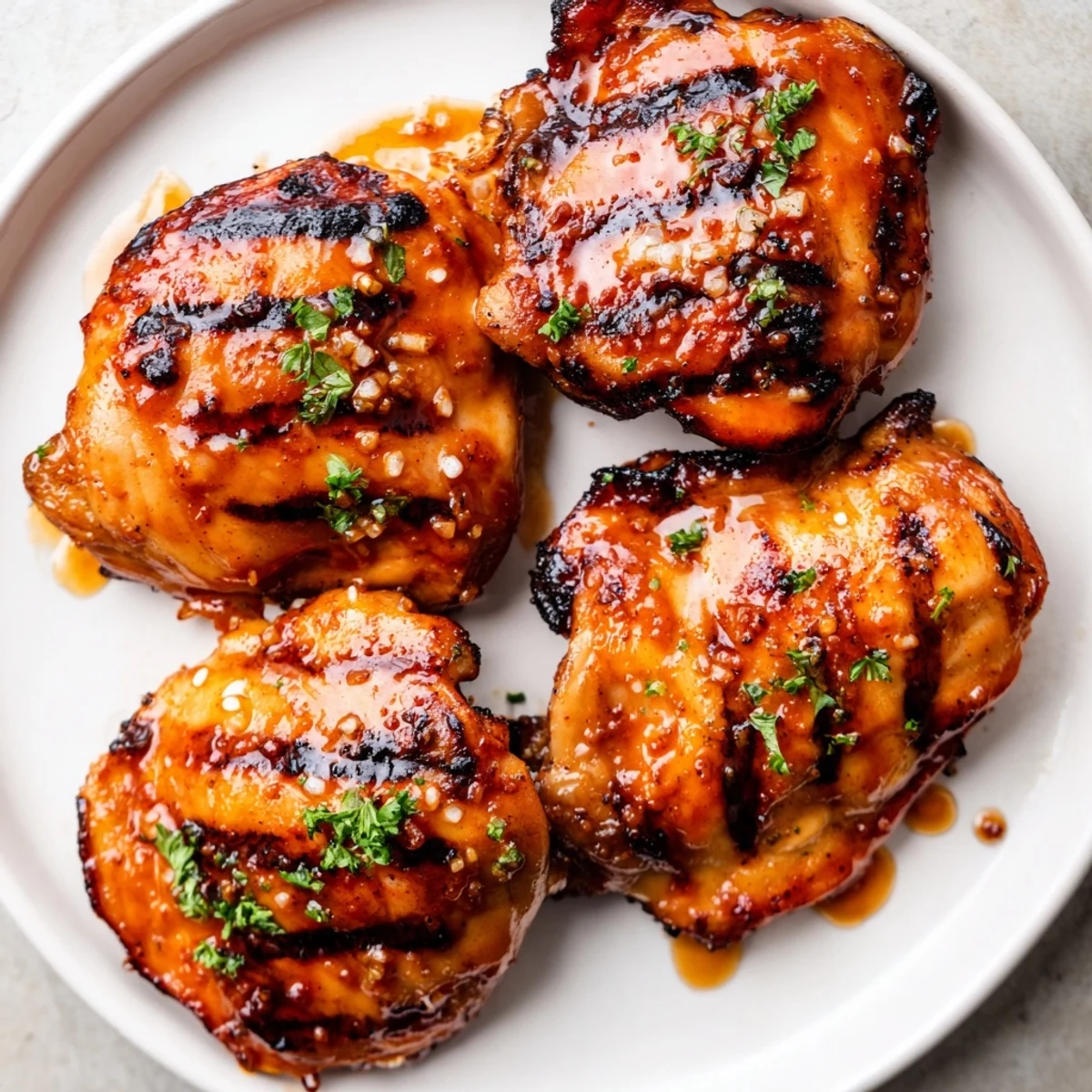 Crisp-edged Grilled Honey Buffalo Chicken Thighs topped with chopped parsley and honey drizzle.