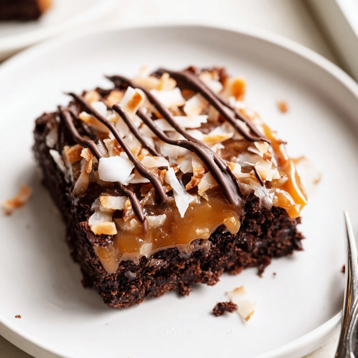 Samoa Brownies with glossy chocolate drizzle, sticky caramel, and toasted coconut topping