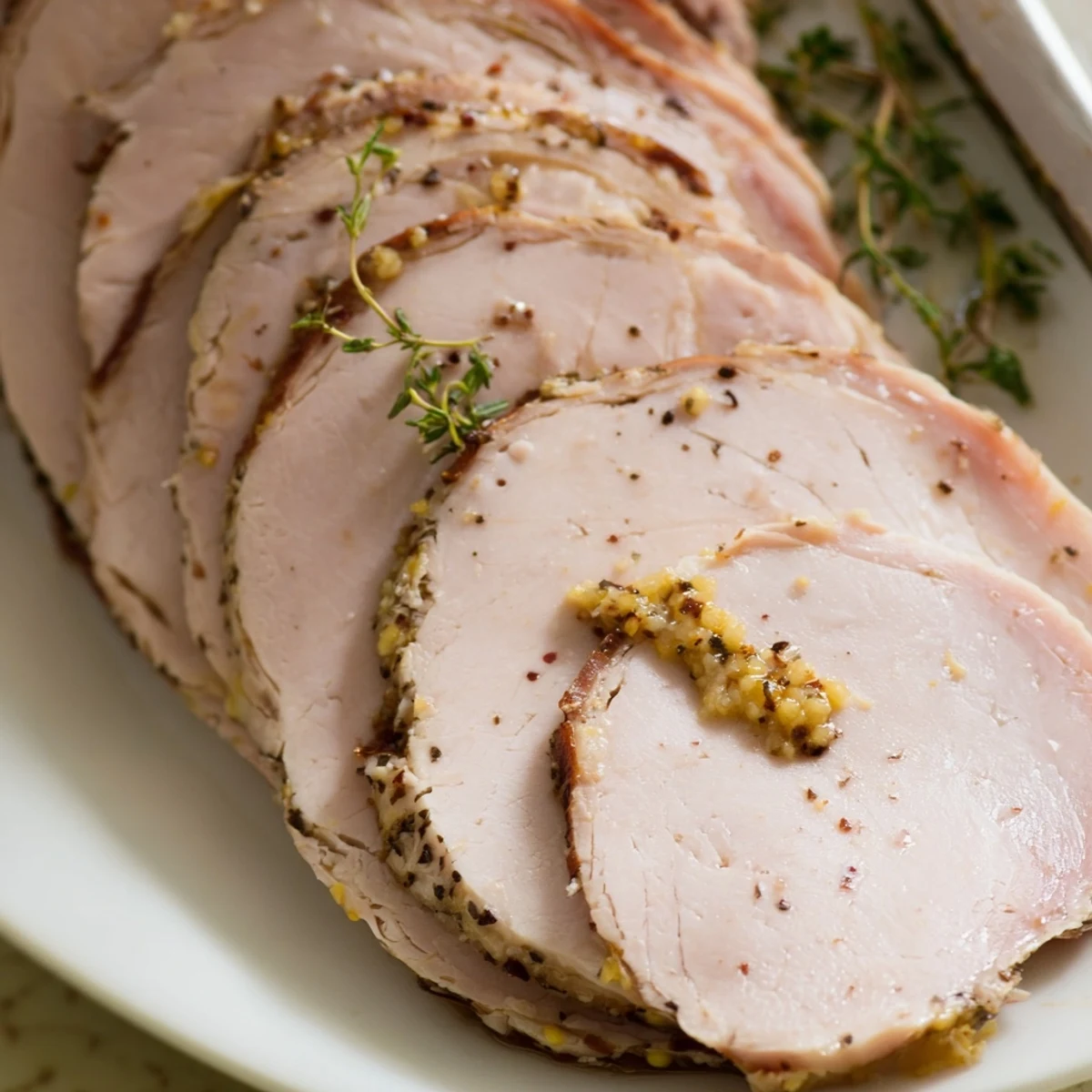 Homemade Sandwich Deli Meat sliced thin, glistening juices, plated with mustard