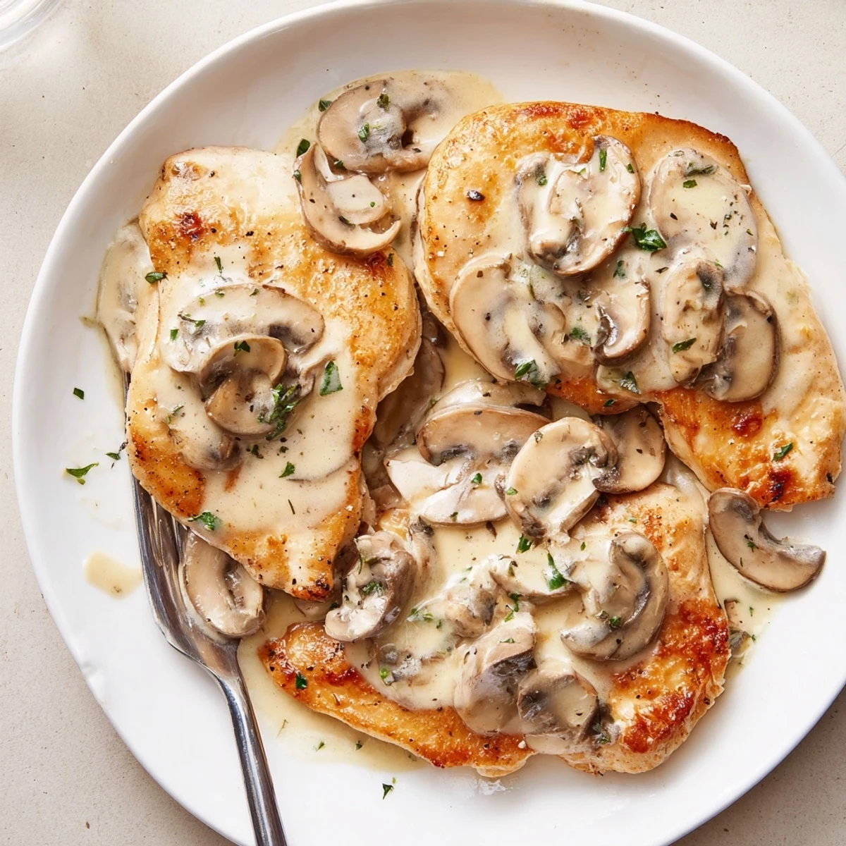 Skillet Chicken And Mushroom Sauce spooned over mashed potatoes, creamy mushroom aroma  