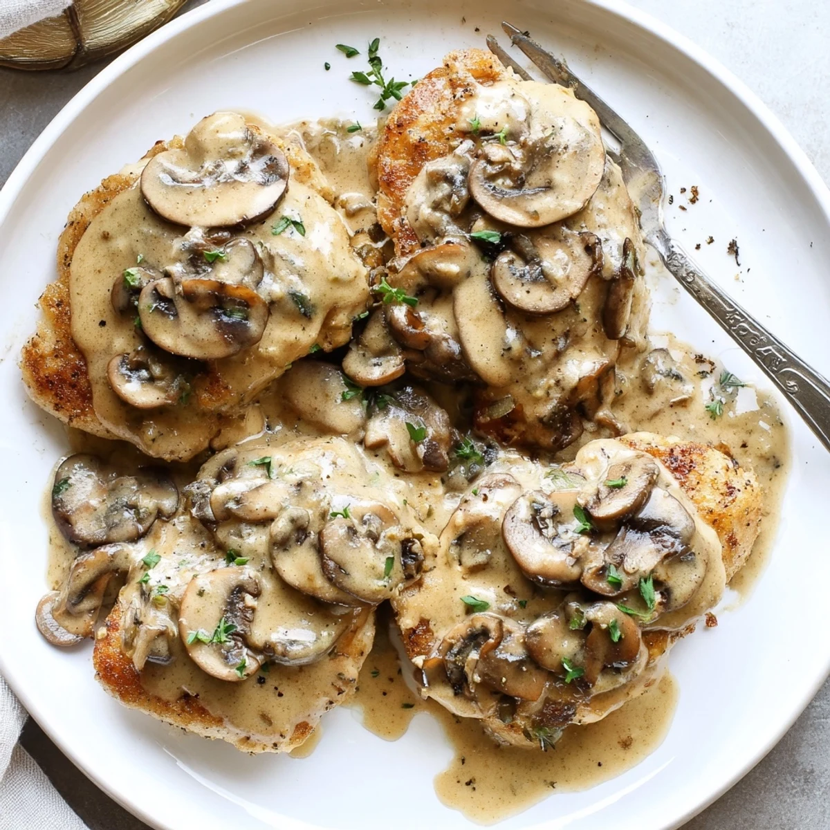 Golden seared breasts in Skillet Chicken And Mushroom Sauce, fragrant thyme and parsley  