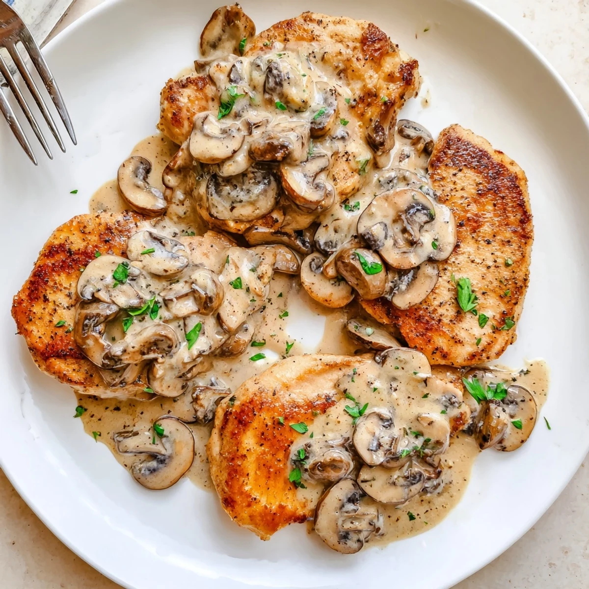 Weeknight-ready Skillet Chicken And Mushroom Sauce simmering in a single skillet, rich