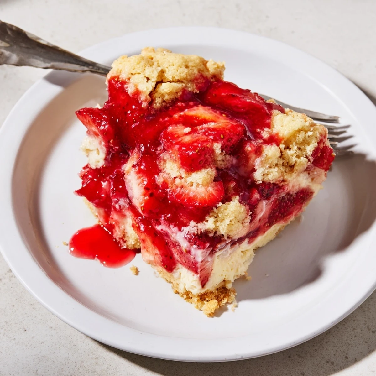 Strawberry Cheesecake Dump Cake steaming in dish, golden crust and glossy strawberries