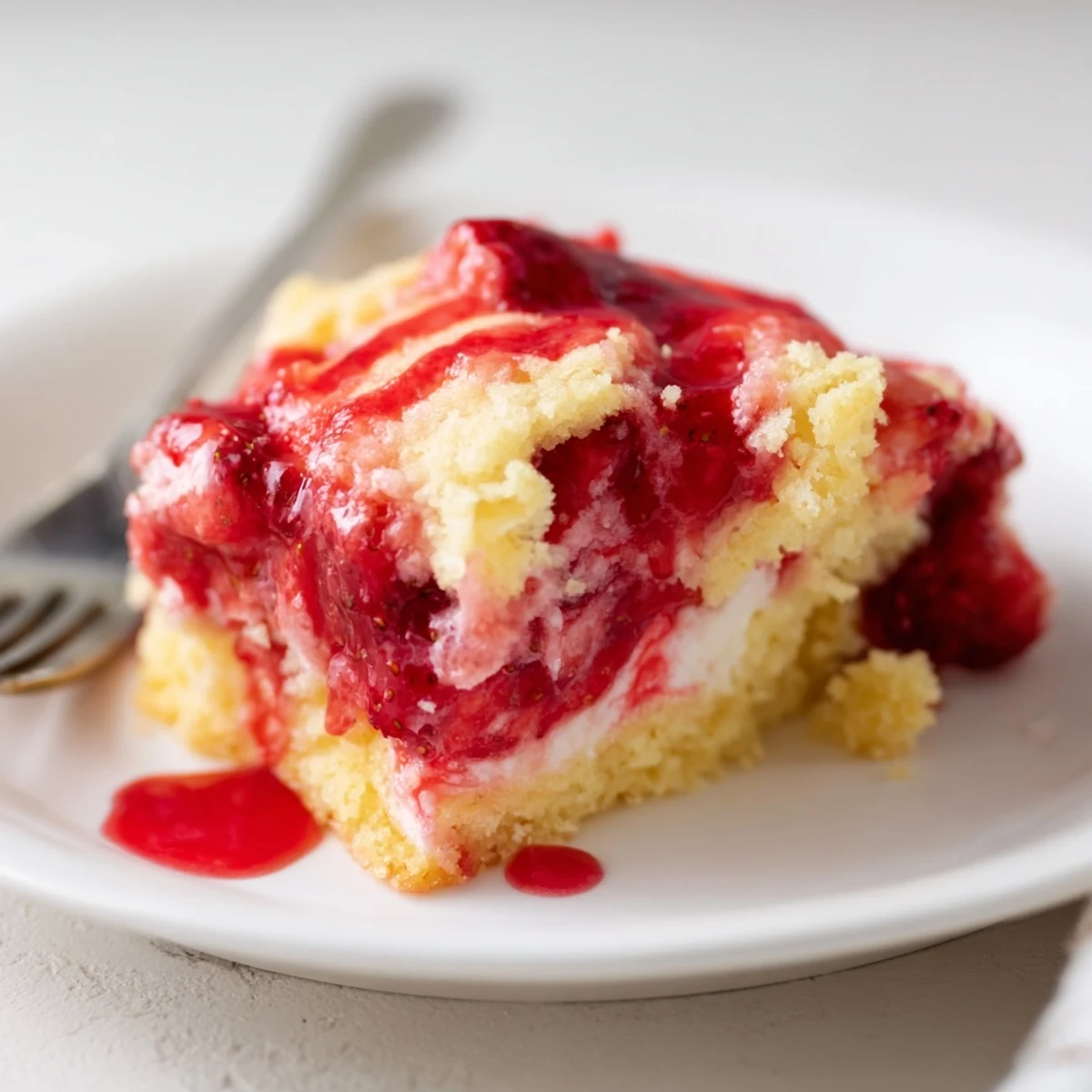 Warm Strawberry Cheesecake Dump Cake topped with melting vanilla ice cream