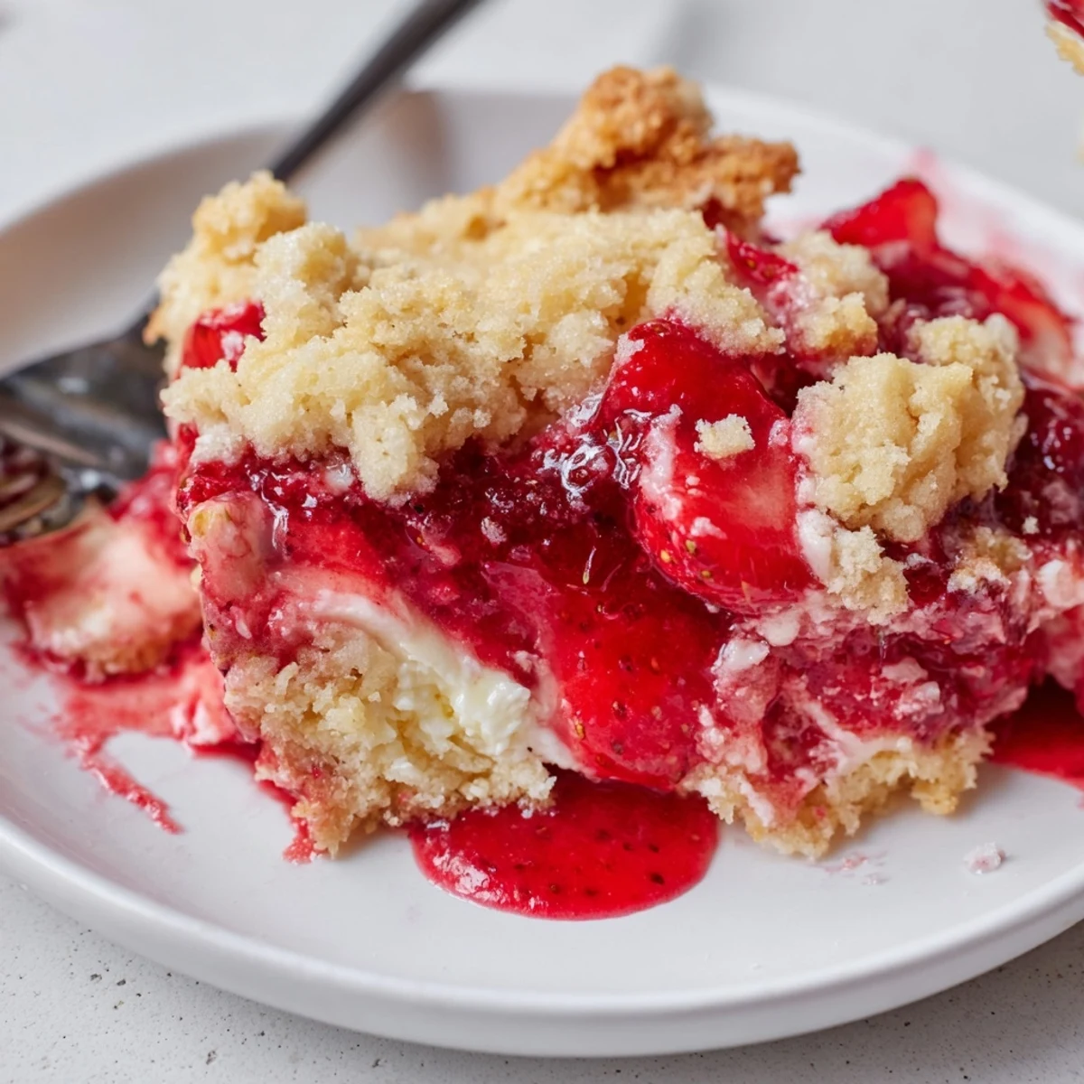 Spoon cutting into Strawberry Cheesecake Dump Cake reveals creamy filling and berries