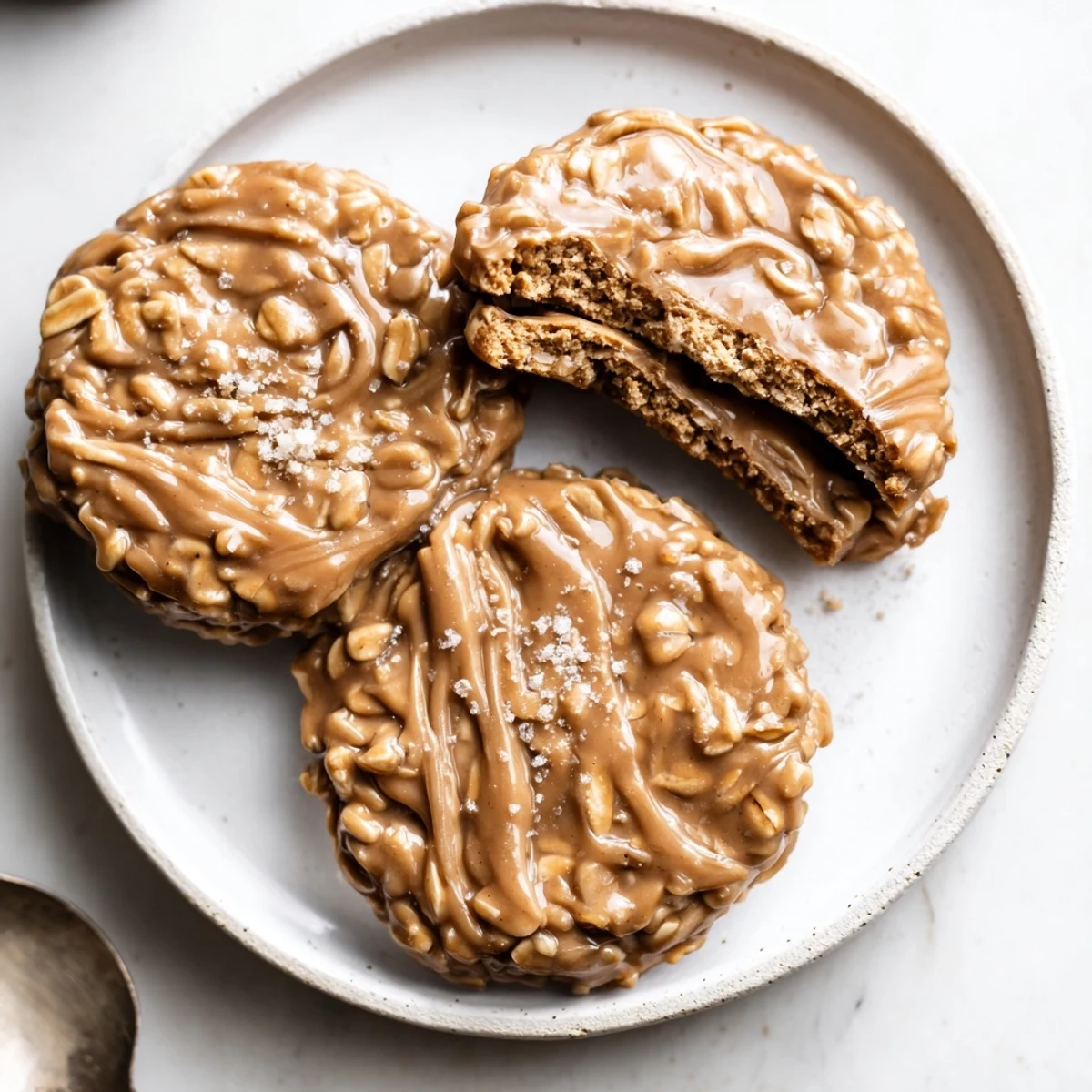 Stack of Peanut Butter No Bake Cookies, chewy oats and glossy peanut butter