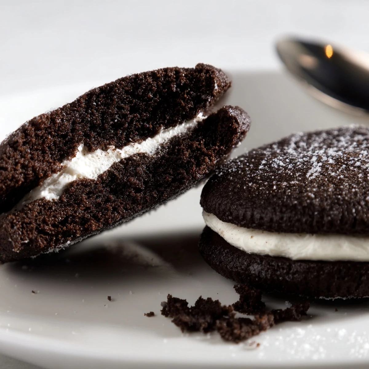 Warm Homemade Oreo Style Cookies cooling on rack, creamy filling oozing slightly