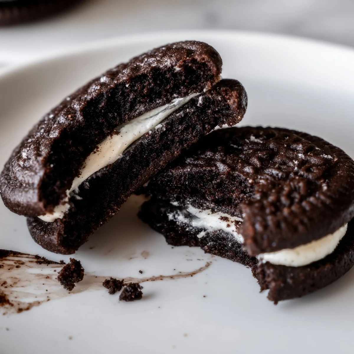 Stacked on a milk-splashed plate, rich chocolate sandwich treats, Homemade Oreo Style Cookies