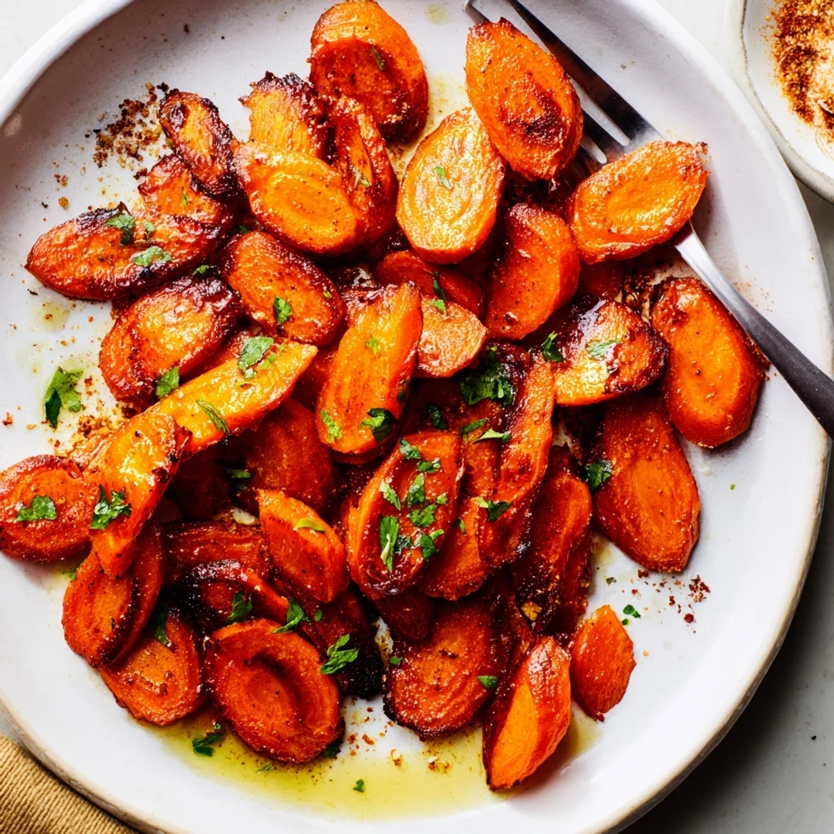 Oven-browned Crispy Smashed Carrots served hot, sprinkled Parmesan and chopped parsley