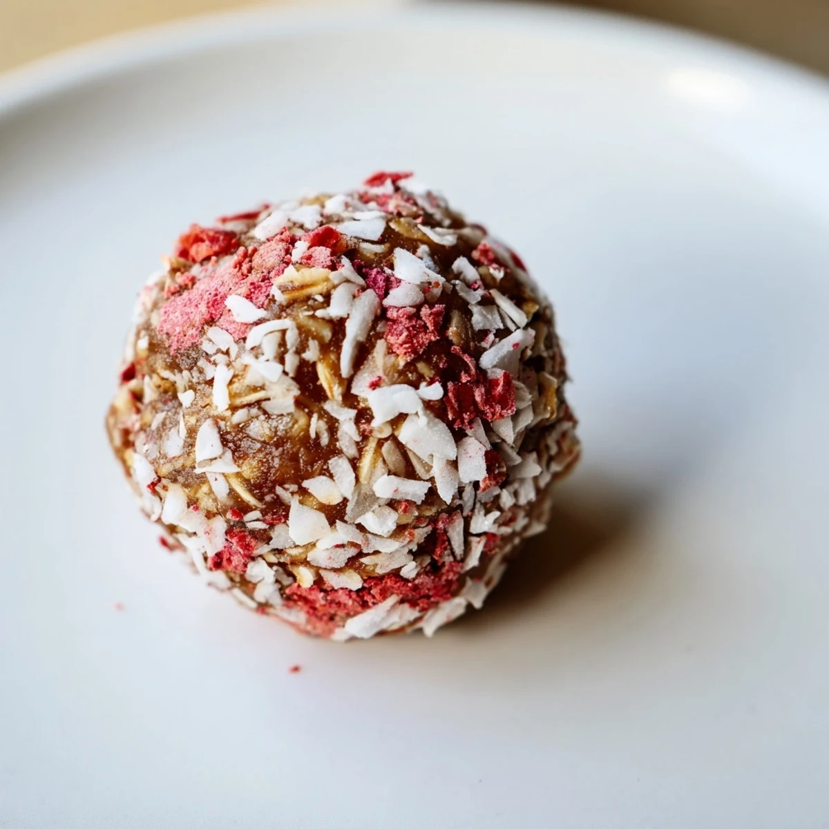 Strawberry Oat Coconut Balls chilled on a plate, coconut flakes visible