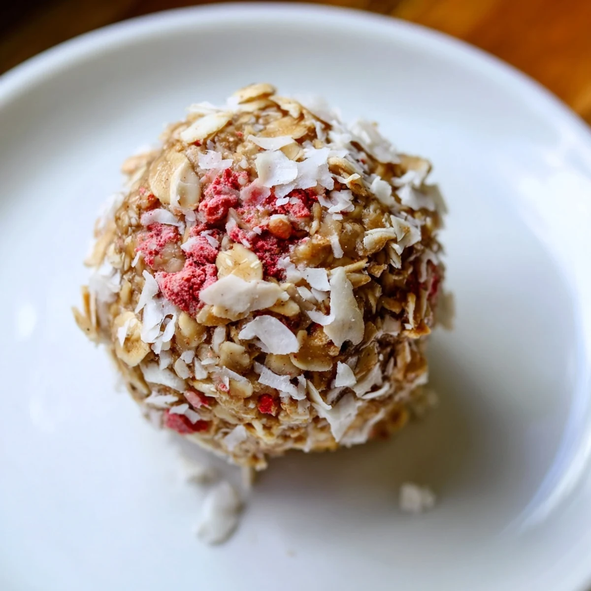 No bake Strawberry Oat Coconut Balls rolled in shredded coconut, chewy, sweet