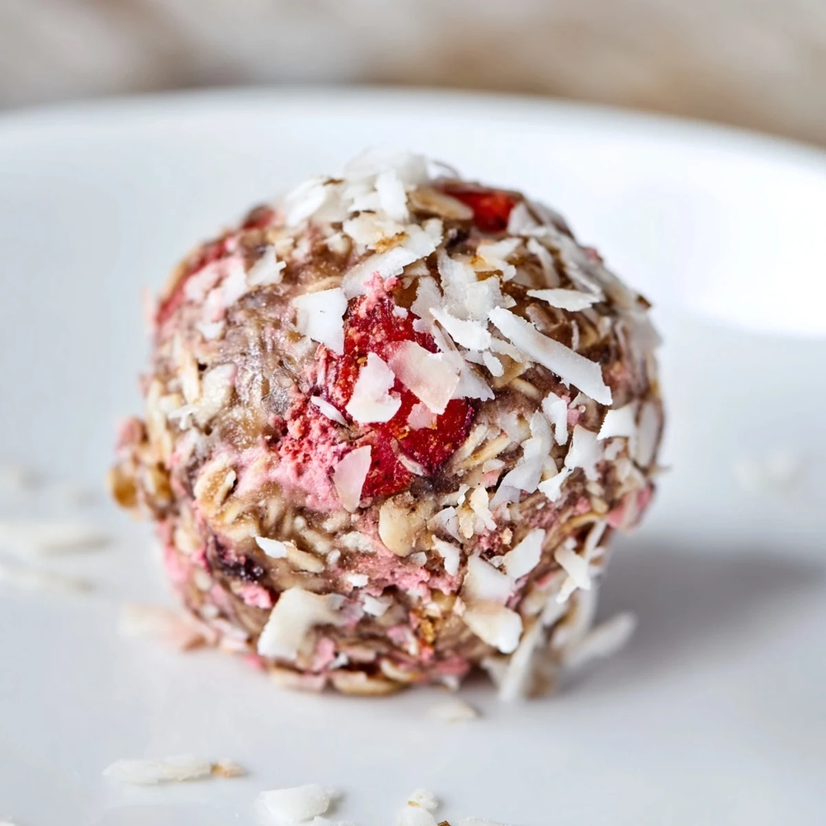 Hand rolled Strawberry Oat Coconut Balls beside tea cup, bright strawberry flecks