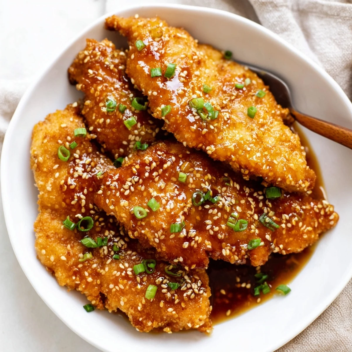 Double Crunch Honey Garlic Chicken with sticky glaze, crispy crust, sesame-scallion garnish