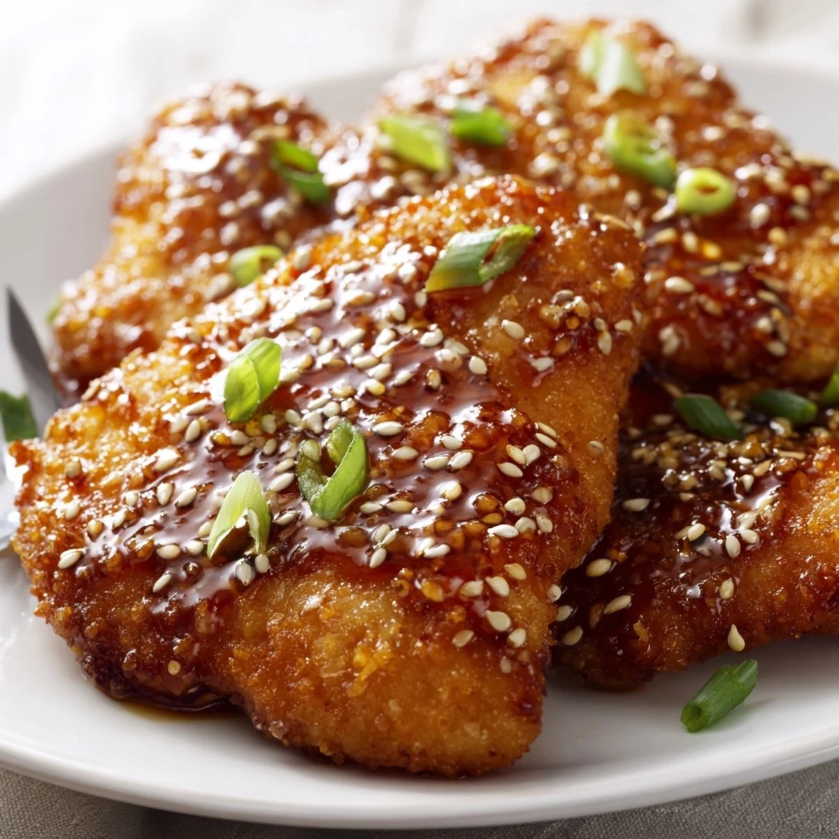 Double Crunch Honey Garlic Chicken served hot with roasted vegetables and sesame seeds