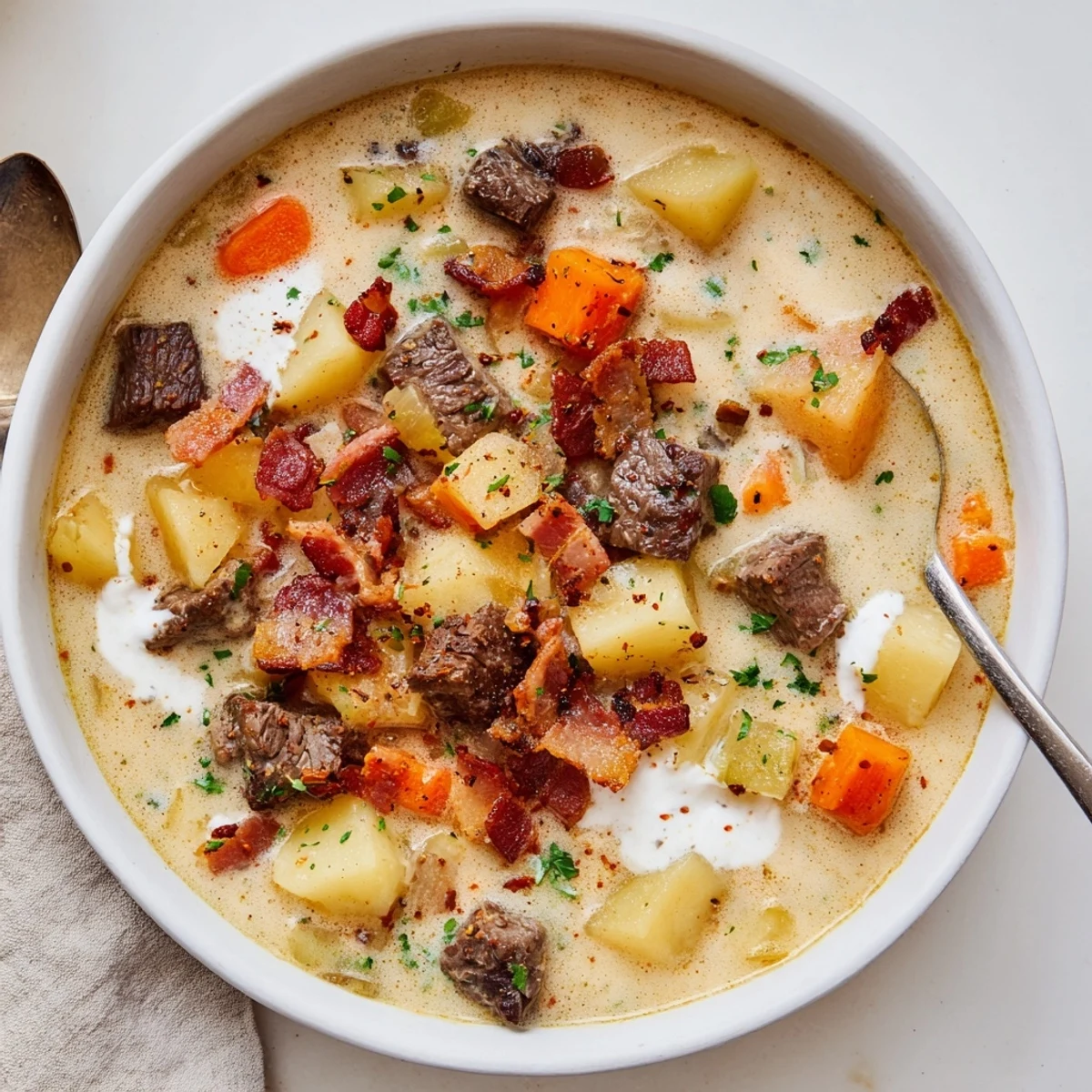 Creamy Smoky Beef And Potato Soup steaming in bowl, garnished with fresh parsley