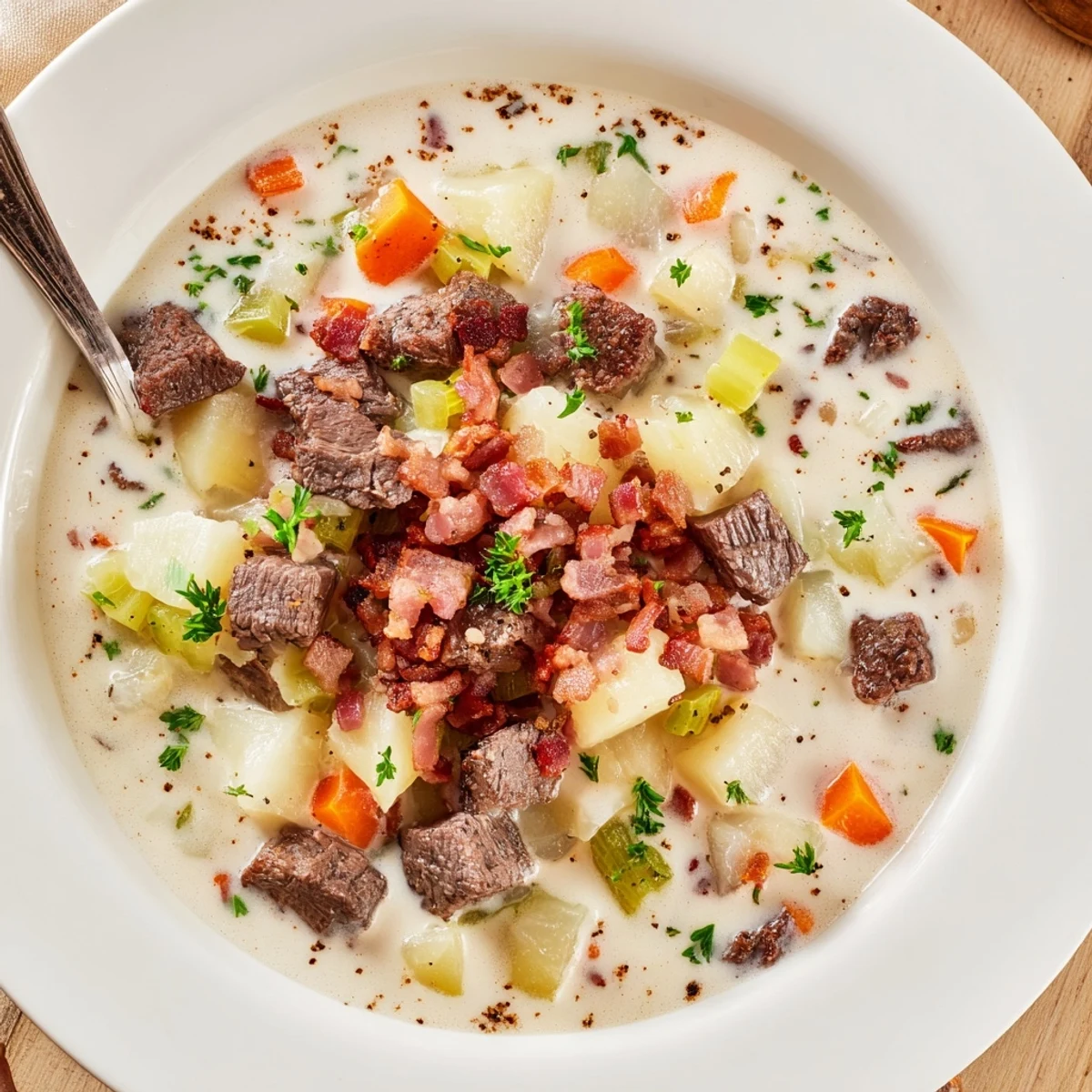 Bowl of Creamy Smoky Beef And Potato Soup with crispy bacon, rustic bread