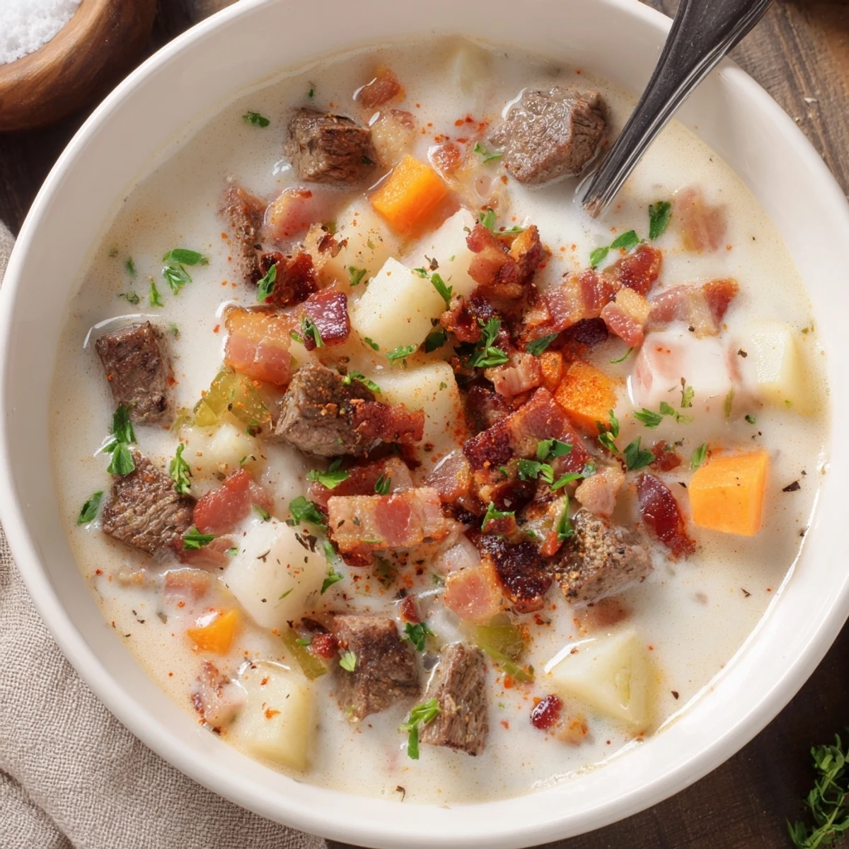 Dutch oven of Creamy Smoky Beef And Potato Soup, tender beef and smoky aroma