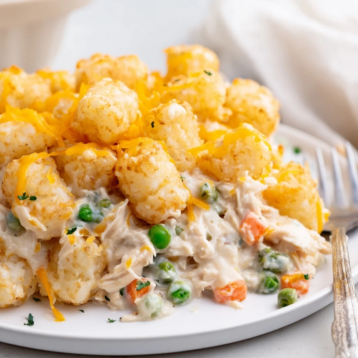 Baked Cheesy Chicken Tater Tot Bake Delight served warm, topped with parsley