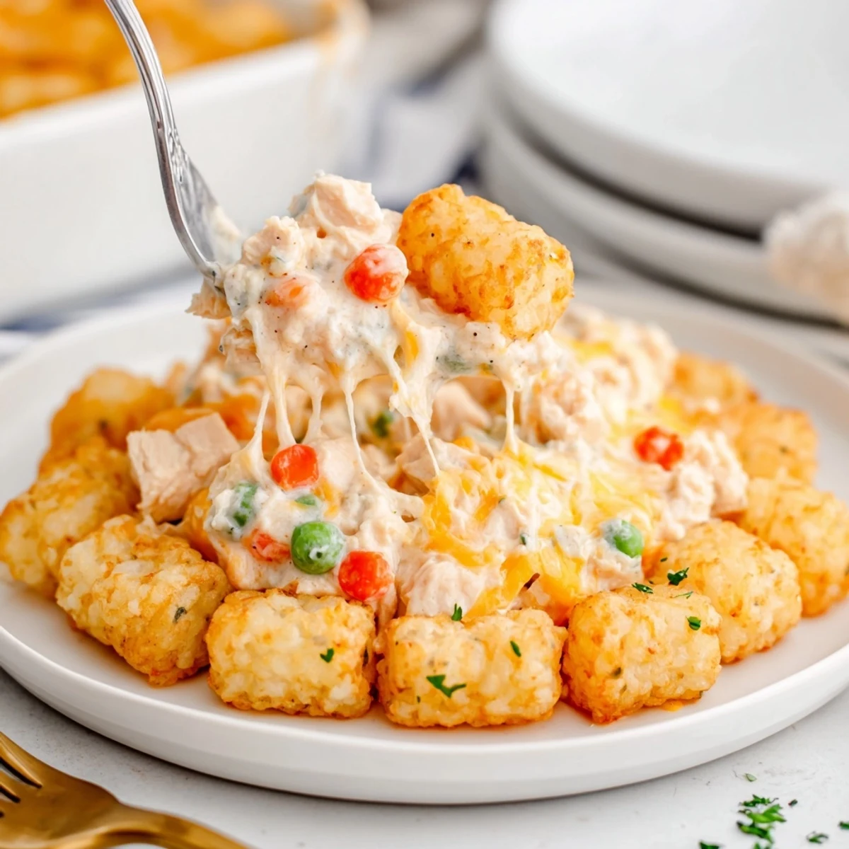 Cheesy Chicken Tater Tot Bake Delight with golden crispy tots and melted cheddar