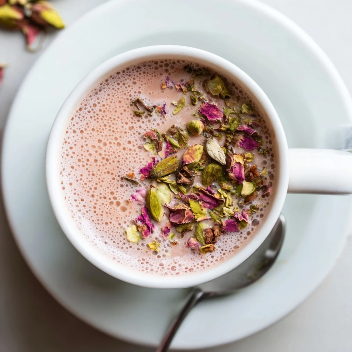 Steaming cup of Kashmiri Pink Chai topped with chopped pistachios and rose petals
