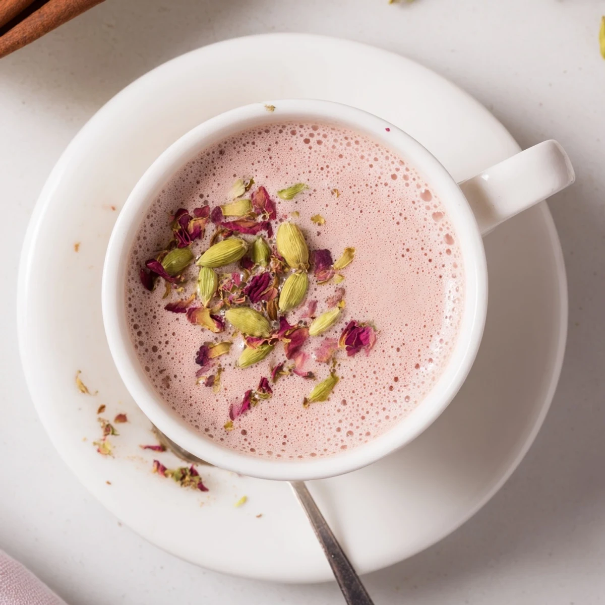 Warm Kashmiri Pink Chai with fragrant cardamom, cinnamon, and crunchy chopped nuts