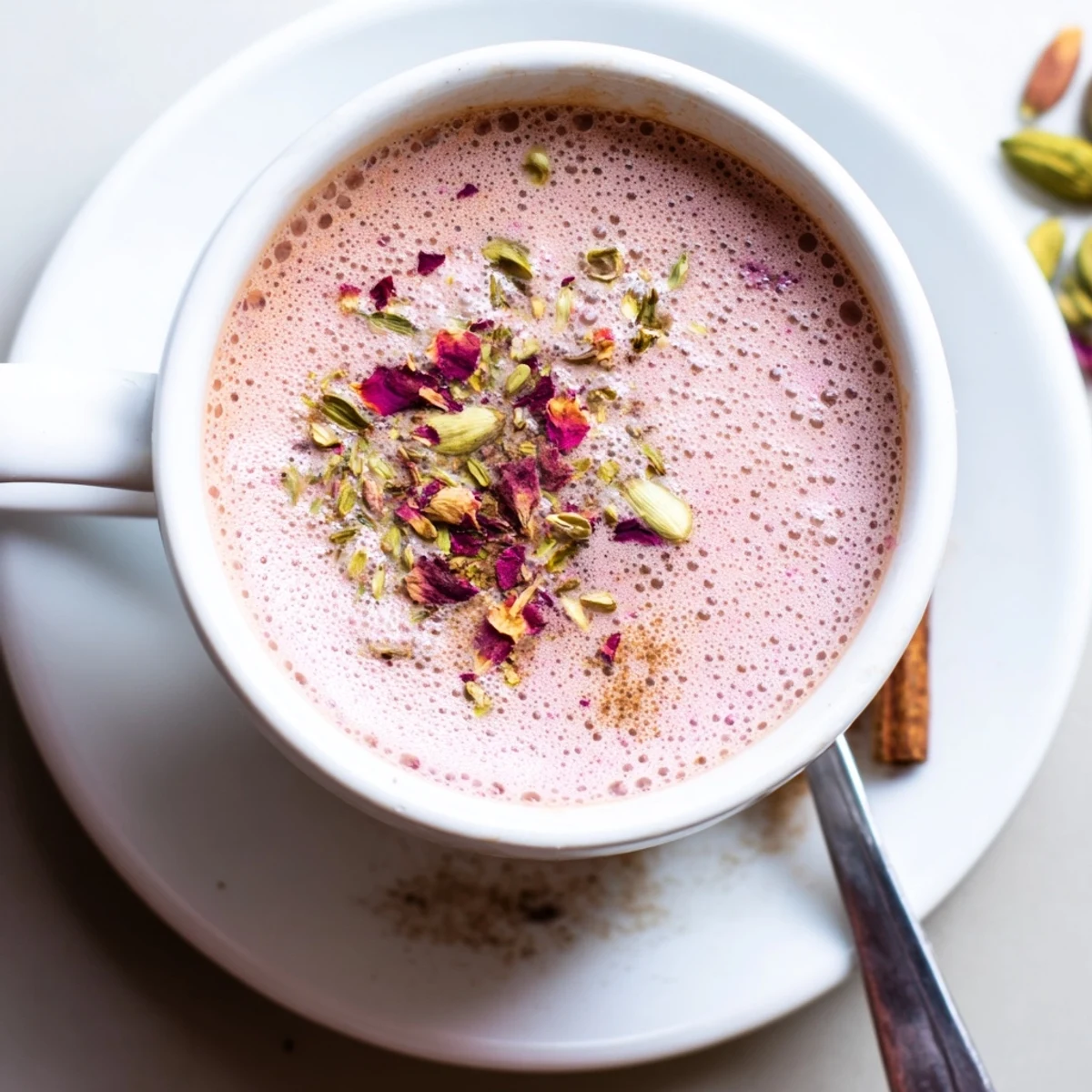 Velvety Kashmiri Pink Chai in a cup, frothy from vigorous aeration