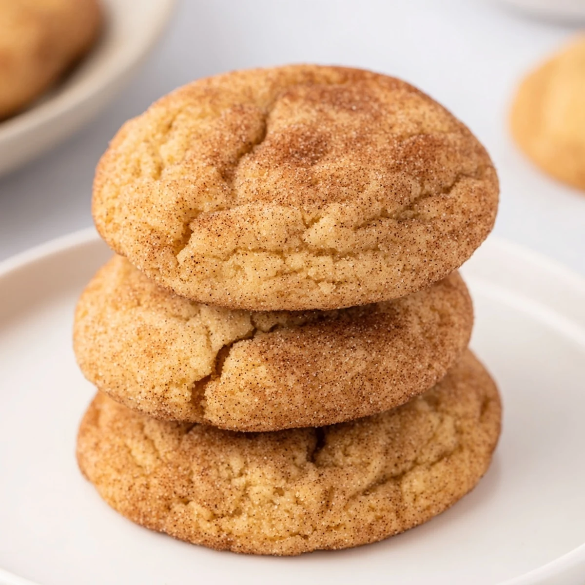 Freshly baked Snickerdoodle recipe stacked on parchment, ready to dip in milk.