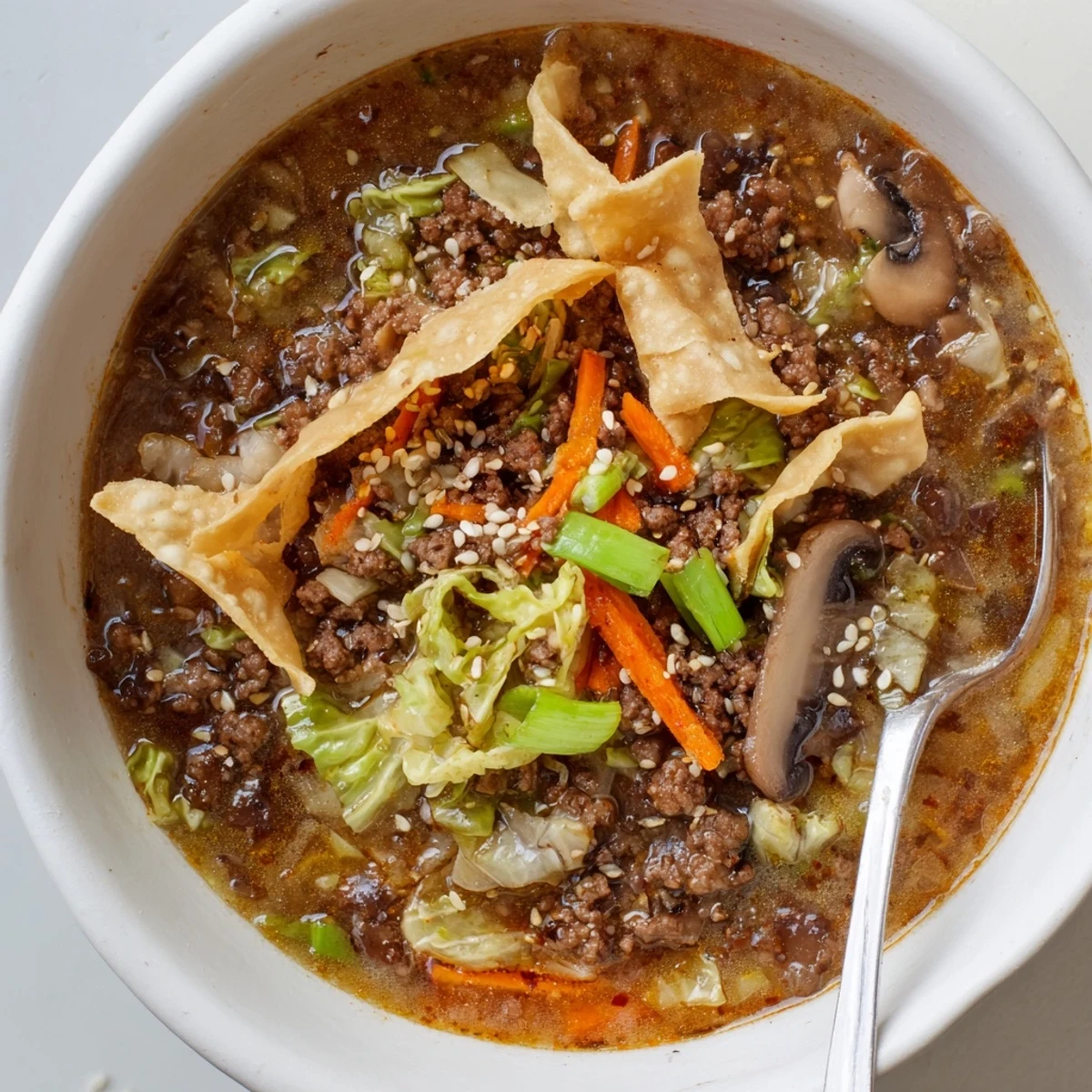 Savory Asian Beef Egg Roll Soup steaming in bowls, topped with crispy wonton strips.