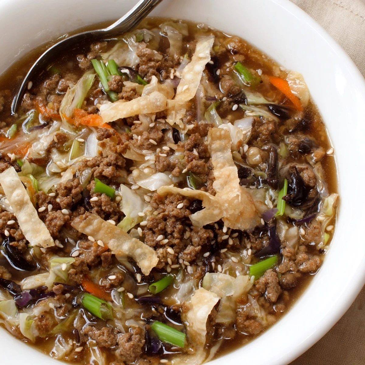 Homestyle Savory Asian Beef Egg Roll Soup ladled into bowls, scallions and toasted sesame.