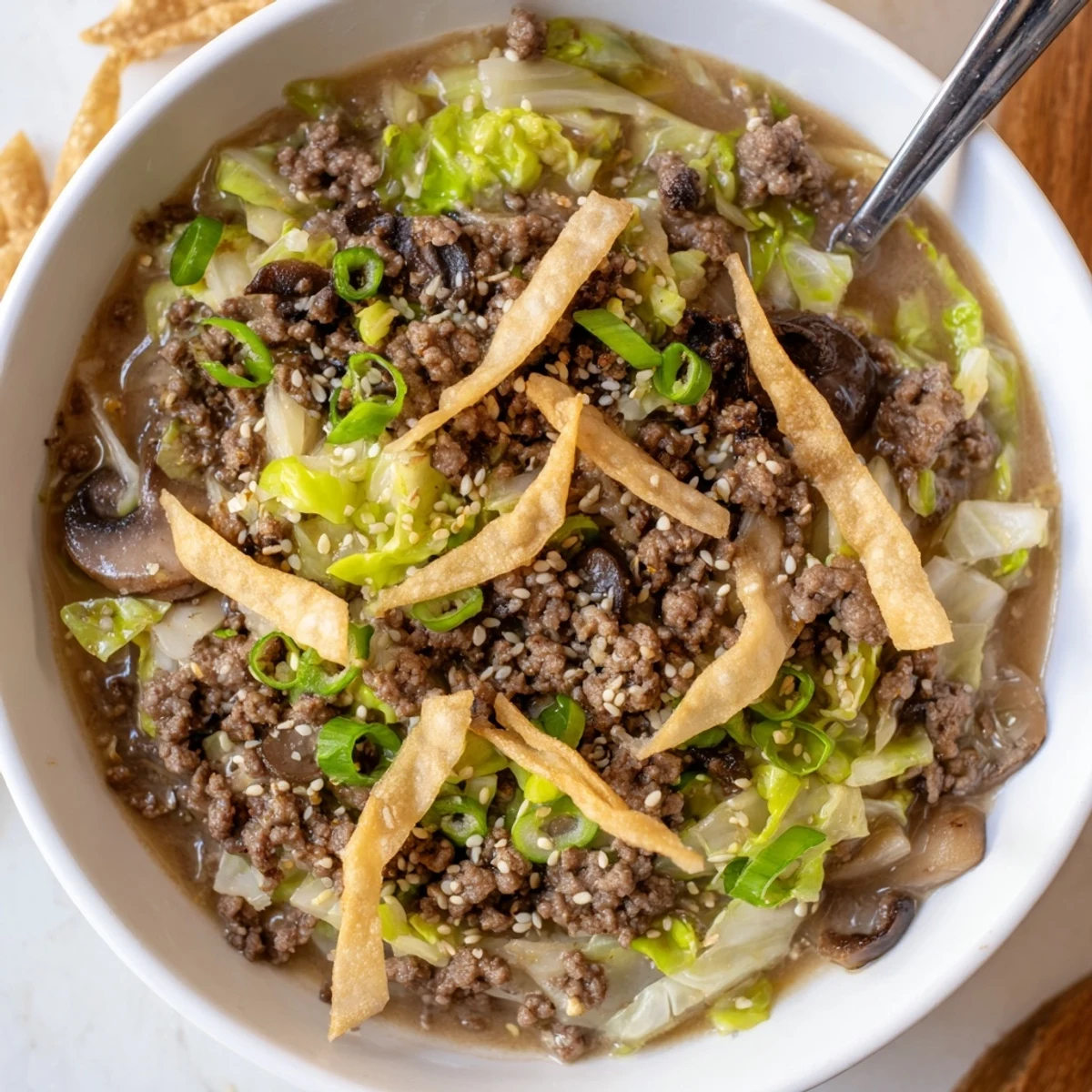 A comforting Savory Asian Beef Egg Roll Soup with fragrant ginger, savory broth.