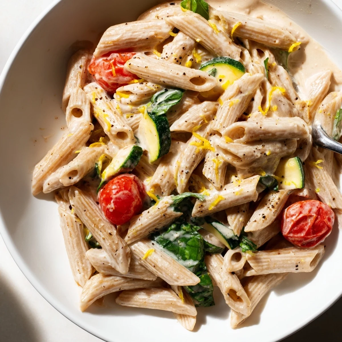 Healthy Cottage Cheese Pasta steaming with lemon zest, wilted spinach, basil garnish