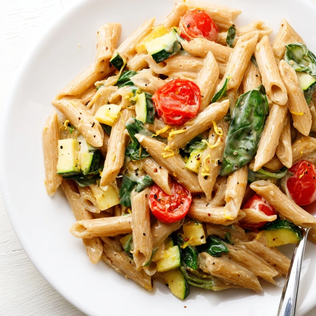 Creamy Healthy Cottage Cheese Pasta tossed with sautéed zucchini and cherry tomatoes