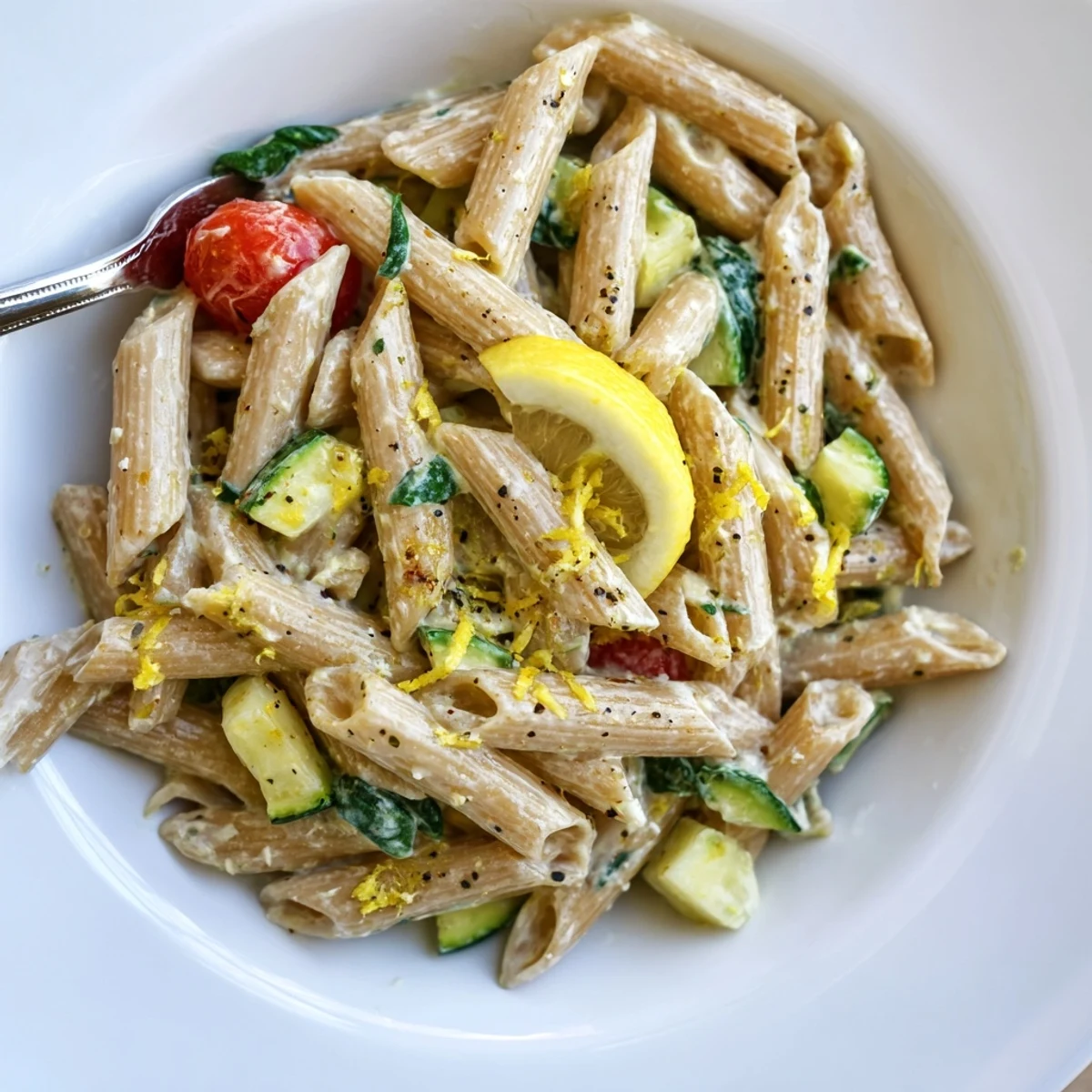 Weeknight Healthy Cottage Cheese Pasta served hot, flecks of basil and pepper