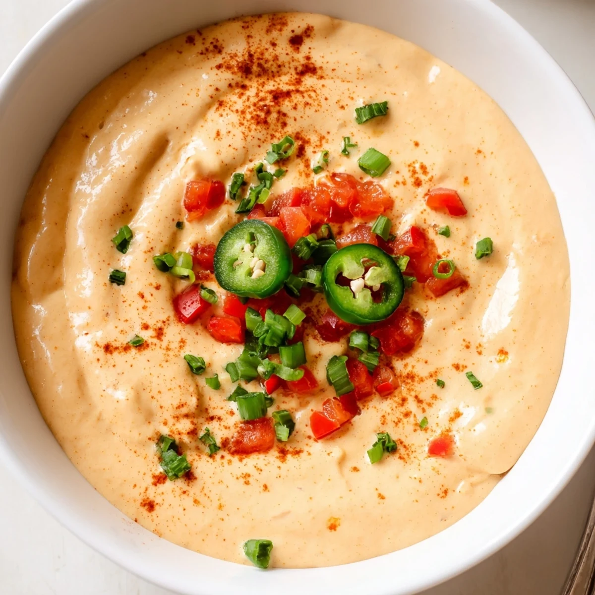 A bowl of Dairy Free Rotel Nacho Dip topped with jalapeño slices
