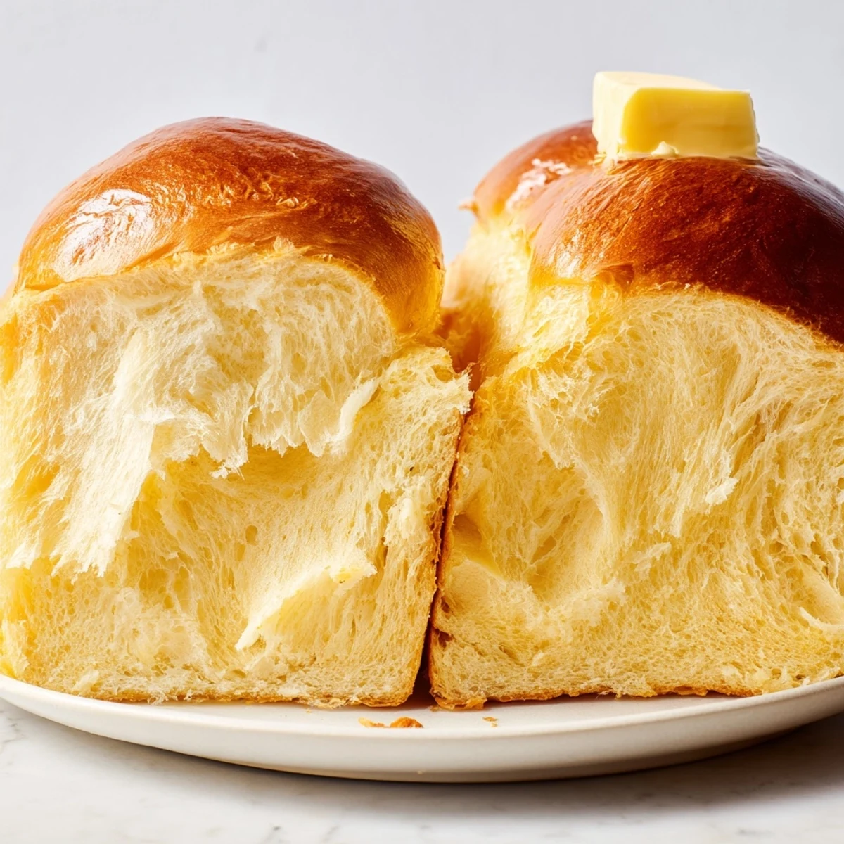 Milk Brioche Soft Bread, golden crust and pillowy interior, sliced with butter