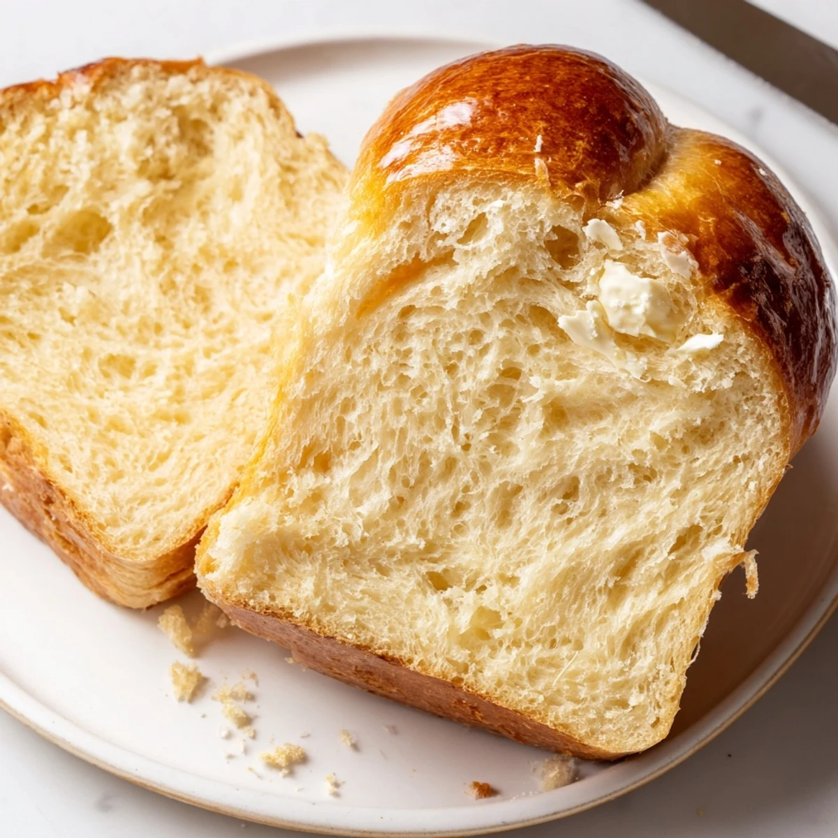 Warm Milk Brioche Soft Bread fresh from oven, glossy top, steaming slices
