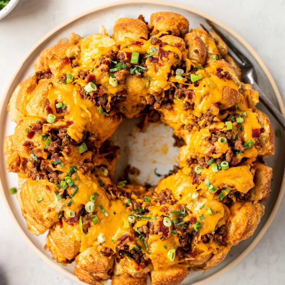 Warm Cheesy Beef Bacon Ranch Monkey Bread, gooey cheese pulling from center.